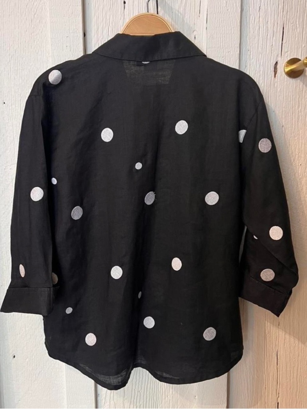 100% Linen Black Polka Dot Button-Up Shirt - Picture 2 of 4